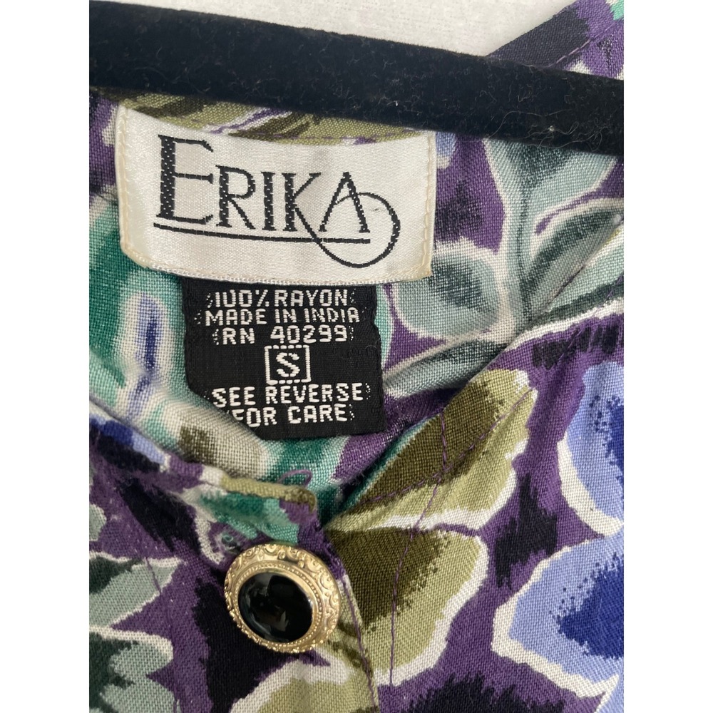 Erika Floral Dress Womens Small Purple Green Rayon Button Front Midi Vintage 90s - Picture 6 of 11
